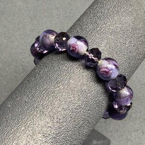 Floral Beaded Stretch Bracelet 7 In Purple Pink Marbled Glass Flowers Boho Retro